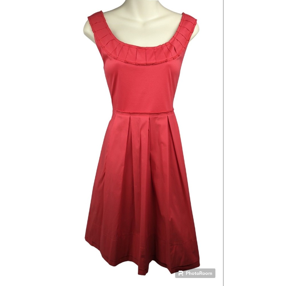 Elie Tahari Red Cotton Dress Fit Flare A-line Pleated Sundress Ribbon Nice M 10